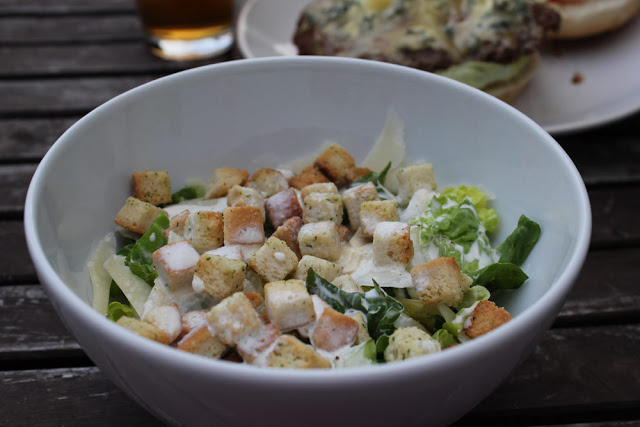 Recipe for cheeseburger with Stilton and fast Caesr's salad faster Caesar salad